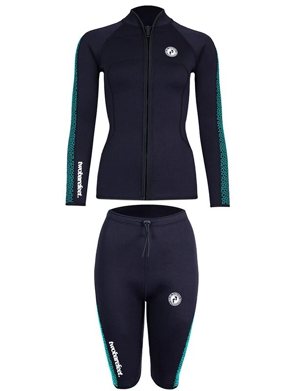 Two Bare Feet Womens Silicone Print Series 2.5mm Wetsuit Jacket & Shorts Set (Black/Mint) 4 Two Bare Feet Womens Silicone Print Series 2.5mm Wetsuit Jacket & Shorts Set (Black/Mint) - Image 2