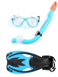 Two Bare Feet Childrens PVC Mask Snorkel Fins 3 Piece Set (Aqua)