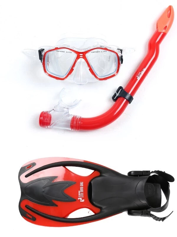 Two Bare Feet Childrens PVC Mask Snorkel Fins 3 Piece Set (Red) 3 Two Bare Feet Childrens PVC Mask Snorkel Fins 3 Piece Set (Red)