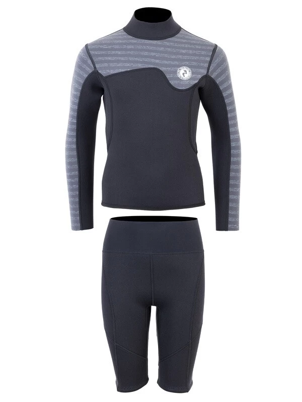 Two Bare Feet Junior Aspect 2.5mm Back Zip Jacket & Shorts Set (Black/Grey Stripes) - Image 2