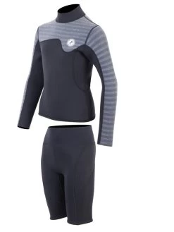 Two Bare Feet Junior Aspect Fleece Lined Zipless Thermal 2.5mm Superstretch Wetsuit Top & Shorts Set (Black/Grey Stripes) 12 Two Bare Feet Junior Aspect Fleece Lined Zipless Thermal 2.5mm Superstretch Wetsuit Top & Shorts Set (Black/Grey Stripes) -Surfline Shop kids aspect back zip jacket black grey stripe vista shorts 3 1
