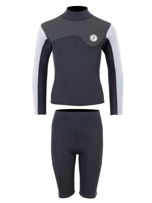 Two Bare Feet Junior Aspect Fleece Lined Zipless Thermal 2.5mm Superstretch Wetsuit Top & Shorts Set (Black/Grey/Grey) 4 Two Bare Feet Junior Aspect Fleece Lined Zipless Thermal 2.5mm Superstretch Wetsuit Top & Shorts Set (Black/Grey/Grey) - Image 2