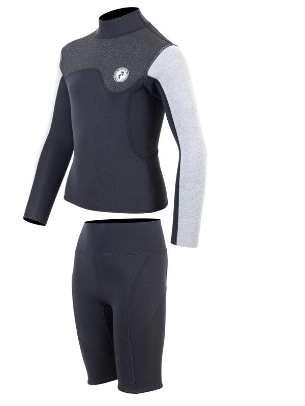 Two Bare Feet Junior Aspect Fleece Lined Zipless Thermal 2.5mm Superstretch Wetsuit Top & Shorts Set (Black/Grey/Grey) 5 Two Bare Feet Junior Aspect Fleece Lined Zipless Thermal 2.5mm Superstretch Wetsuit Top & Shorts Set (Black/Grey/Grey) - Image 3