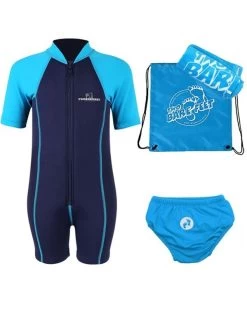 Premier Baby Swim Kit - Lycra Arm Wetsuit + Swim Nappy + Towel + Bag (Aqua)