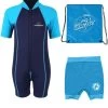 Deluxe Baby Swim Kit - Lycra Arm Wetsuit + Nappy Shorts + Bag (Aqua)