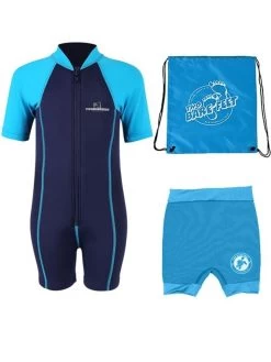 Deluxe Baby Swim Kit - Lycra Arm Wetsuit + Nappy Shorts + Bag (Aqua)