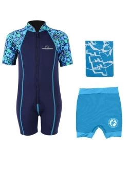 Deluxe Baby Swim Kit - Patterned Lycra Arm Wetsuit + Nappy Shorts + Towel (Aqua)