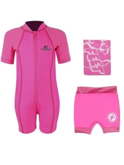 Deluxe Baby Swim Kit - Lycra Arm Wetsuit + Nappy Shorts + Towel (Pink)
