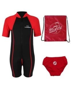 Deluxe Baby Swim Kit - Lycra Arm Wetsuit + Swim Nappy + Bag (Red)