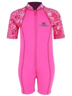 Deluxe Baby Swim Kit - Patterned Lycra Arm Wetsuit + Nappy Shorts + Towel (Pink) -Surfline Shop lycra armed baby patterned pink front 3 1