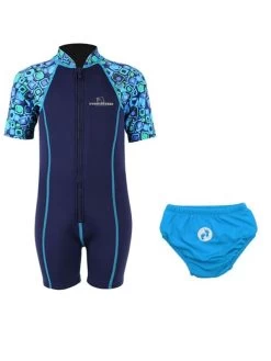 Essentials Baby Swim Kit - Patterned Lycra Arm Wetsuit + Swim Nappy (Aqua)