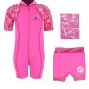 Deluxe Baby Swim Kit - Patterned Lycra Arm Wetsuit + Nappy Shorts + Towel (Pink) 2 Deluxe Baby Swim Kit - Patterned Lycra Arm Wetsuit + Nappy Shorts + Towel (Pink) -Surfline Shop patterend lycra arm pink 4