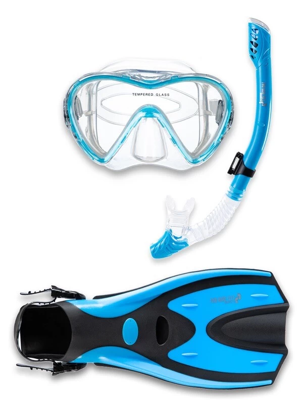 Pro Dive Series Silicone Mask, Dry Top Snorkel & F70 Fins 3 Piece Set 3 (Aqua)
