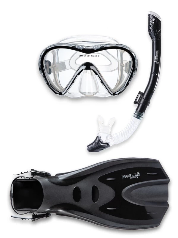 Pro Dive Series Silicone Mask, Dry Top Snorkel & F70 Fins 3 Piece Set 3 (Black)