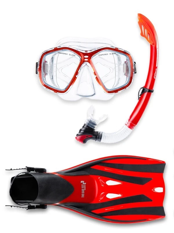PVC Mask Snorkel & F52 Fins 3pc Set (Red) 3 PVC Mask Snorkel & F52 Fins 3pc Set (Red)