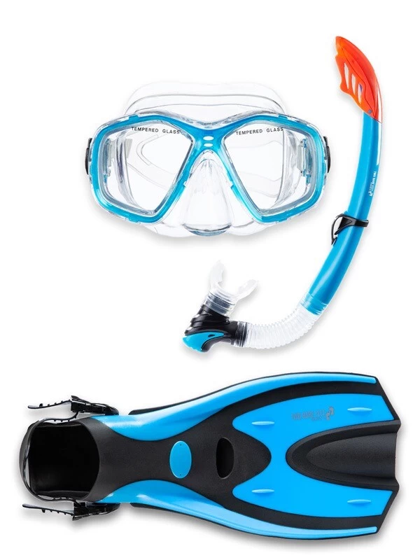Two Bare Feet Adult PVC Mask, Snorkel & F70 Fins 3 Piece Set (Aqua) 3 Two Bare Feet Adult PVC Mask, Snorkel & F70 Fins 3 Piece Set (Aqua)