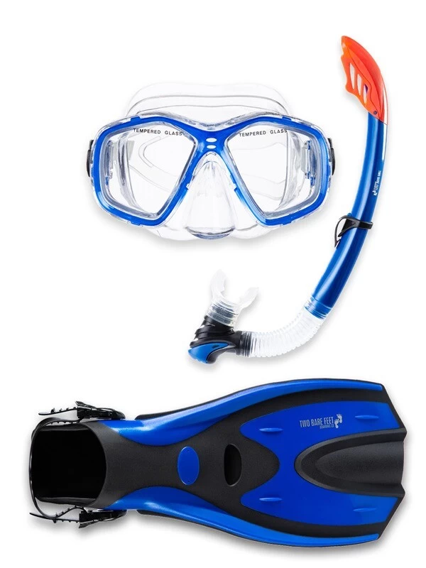 Two Bare Feet Adult PVC Mask, Snorkel & F70 Fins 3 Piece Set (Blue) 3 Two Bare Feet Adult PVC Mask, Snorkel & F70 Fins 3 Piece Set (Blue)