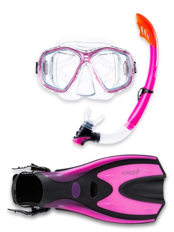 Two Bare Feet Adult PVC Mask, Snorkel & F70 Fins 3 Piece Set (Pink) 3 Two Bare Feet Adult PVC Mask, Snorkel & F70 Fins 3 Piece Set (Pink)