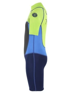 Two Bare Feet Squadron 3/2mm Junior Shorty Wetsuit (Lime/Blue/Blue) -Surfline Shop squadron kids short arms short legs green blue navy 3