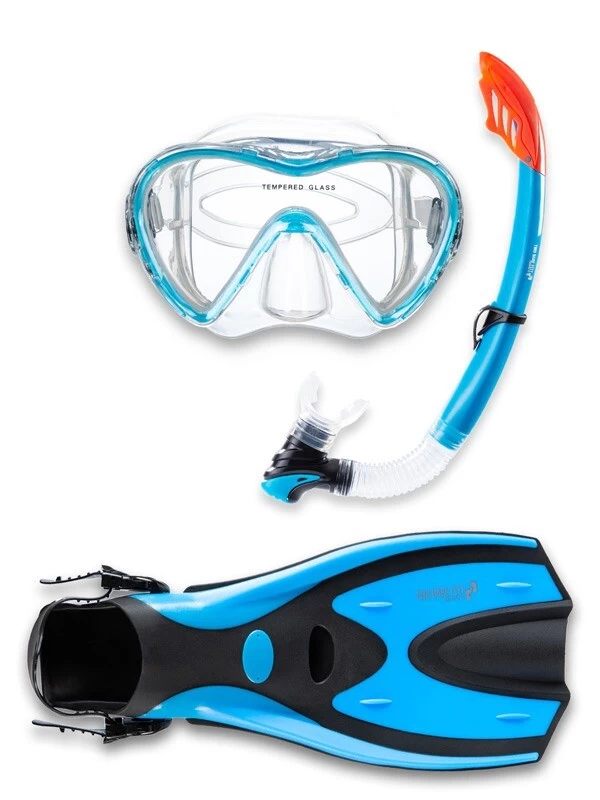 Two Bare Feet Adult Silicone Mask, Snorkel & F70 Fins 3 Piece Set 3 (Aqua)