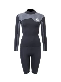 Two Bare Feet Womens Aspect Fleece Lined Zipless Thermal 2.5mm Superstretch Wetsuit Top & Shorts Set (Black/Grey Stripes)