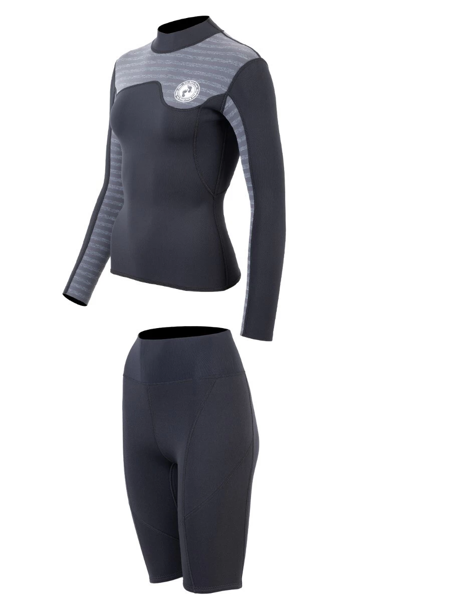 Two Bare Feet Womens Aspect Fleece Lined Zipless Thermal 2.5mm Superstretch Wetsuit Top & Shorts Set (Black/Grey Stripes) 5 Two Bare Feet Womens Aspect Fleece Lined Zipless Thermal 2.5mm Superstretch Wetsuit Top & Shorts Set (Black/Grey Stripes) - Image 3