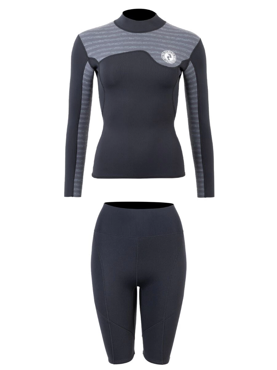 Two Bare Feet Womens Aspect Fleece Lined Zipless Thermal 2.5mm Superstretch Wetsuit Top & Shorts Set (Black/Grey Stripes) 4 Two Bare Feet Womens Aspect Fleece Lined Zipless Thermal 2.5mm Superstretch Wetsuit Top & Shorts Set (Black/Grey Stripes) - Image 2