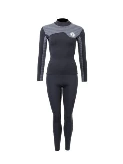 Two Bare Feet Womens Aspect Fleece Lined Zipless Thermal 2.5mm Superstretch Wetsuit Top & Pants Set (Black/Grey Stripes)