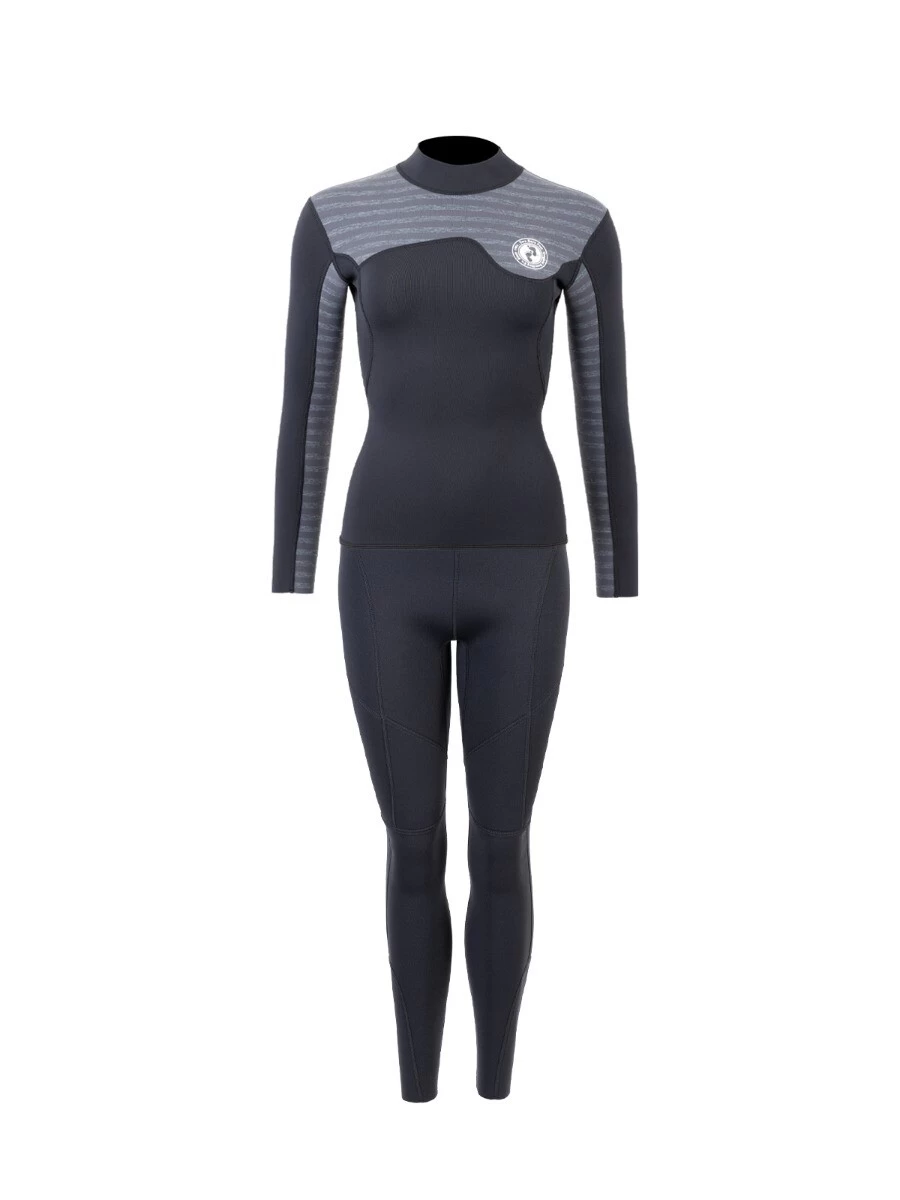 Two Bare Feet Womens Aspect Fleece Lined Zipless Thermal 2.5mm Superstretch Wetsuit Top & Pants Set (Black/Grey Stripes) 3 Two Bare Feet Womens Aspect Fleece Lined Zipless Thermal 2.5mm Superstretch Wetsuit Top & Pants Set (Black/Grey Stripes)