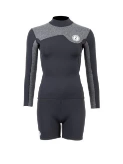Two Bare Feet Womens Aspect Fleece Lined Zipless Thermal 2.5mm Superstretch Wetsuit Top & Hotpants Set (Black/Grey)