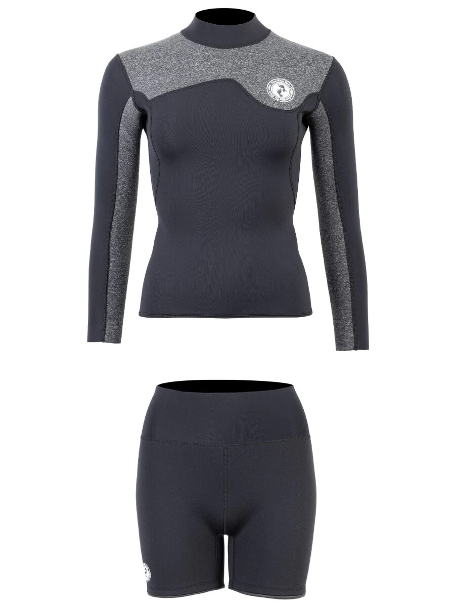 Two Bare Feet Womens Aspect Fleece Lined Zipless Thermal 2.5mm Superstretch Wetsuit Top & Hotpants Set (Black/Grey) 4 Two Bare Feet Womens Aspect Fleece Lined Zipless Thermal 2.5mm Superstretch Wetsuit Top & Hotpants Set (Black/Grey) - Image 2